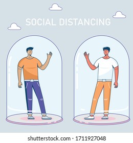 Social distancing. Keep the 1-2 meter distance. Flat Illustration of a young man under protective glass.Infection control concept, Coronavirus, 2019-nCoV, flu, virus. Vector