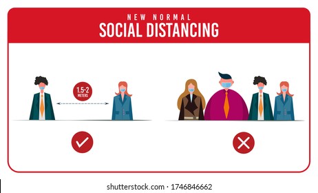 El distanciamiento social. Mantenga la distancia de 1 a 2 metros. Protector epidémico de coronovirus,Carácter de trabajador de oficina con máscara facial quirúrgica o médica mantienen distanciamiento social,Ilustración vectorial