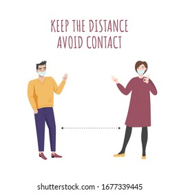 Social distancing. Keep the distance and avoid contact in public society. Protect from COVID-19 coronavirus. Vector flat cartoon illustration