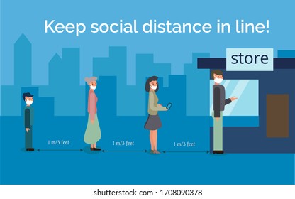 Social distancing, keep distance in line public society people to protect from COVID-19 coronavirus outbreak spreading concept. Keep the 1 meter distance. Vector flat illustration. 