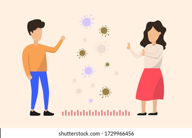 Social distancing, keep distance with people in public places to stop spreading COVID-19 coronavirus concept. Man and woman. A woman and a man stand apart from each other with virus cells between 