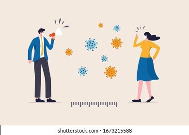 Social distancing, keep distance in public society people to protect from COVID-19 coronavirus outbreak spreading concept, businessman and woman keep distance away in the meeting with virus pathogens