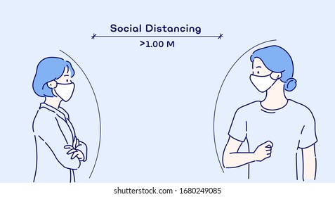 Distanciamento social, mantenha distância nas pessoas da sociedade pública para se proteger da COVID-19. A ideia de impedir a propagação do vírus. Desenhado à mão em estilo de linha fina, ilustrações vetoriais.