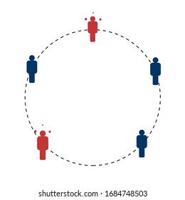 Soziale Distanzierung, Abstand in der öffentlichen Gesellschaft Menschen zu schützen vor COVID-19 Koronavirus Ausbreitungskonzept, Infografik Design Abstand bei der Begegnung mit Virus-Pathogenen.