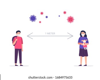 Social distancing, keep distance in public society people to protect from COVID-19 coronavirus. Kids keep a distance. Vector flat illustration on white background.