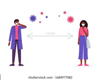 El distanciamiento social, mantener la distancia en la sociedad pública para protegerse del coronavirus COVID-19. El hombre y la mujer se mantienen distantes. Ilustración plana vectorial sobre fondo blanco.