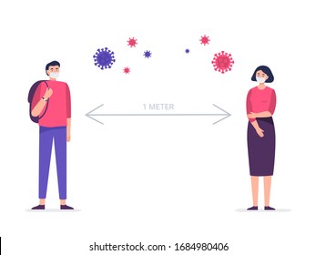 Social distancing, keep distance in public society people to protect from COVID-19 coronavirus. Man and woman keep a distance. Vector flat illustration on white background.