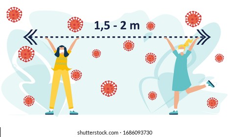 Social distancing, keep distance in public society people to protect from COVID-19 coronavirus outbreak spreading concept, children keep distance away in the meeting with virus pathogens. Vector.