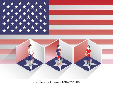 Social distancing, keep distance in public society people to protect from COVID-19 coronavirus outbreak spreading concept, man and woman keep distance .Stay home,America flag ,vector illustration.Flat