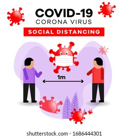 Distancia social, mantener la distancia en la sociedad pública para proteger del concepto de propagación del brote de coronavirus COVID-19, Diseño infográfico, distanciamiento social. Icono de signo de virus Corona.