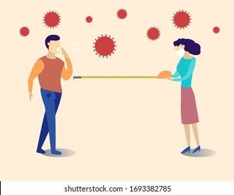 Distancia social, mantener la distancia en la sociedad pública para proteger del concepto de propagación del brote de coronavirus COVID-19, hombre y mujer se mantienen distanciados en la reunión con patógenos de virus