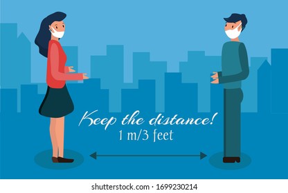 Social distancing, keep distance in public society people to protect from COVID-19 coronavirus outbreak spreading concept. Keep the 1 meter distance. Vector flat illustration. 