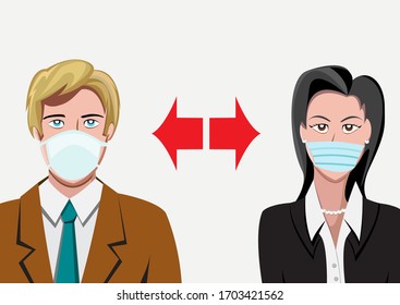 El distanciamiento social, mantener la distancia en la sociedad pública para proteger del concepto de propagación del brote de coronavirus COVID-19, hombres de negocios y mujeres mantener la distancia.