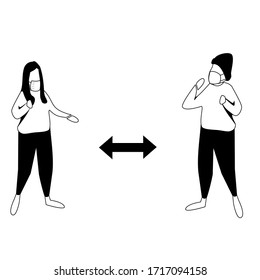 Social distancing, keep distance in public society people to protect from COVID-19 coronavirus outbreak spreading concept, men and women keep distance. white background illustration