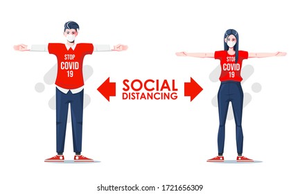 Social distancing, Keep distance in public society people to protect from COVID-19 coronavirus outbreak spreading prevention concept with man woman keep distance in meeting. Character design vector