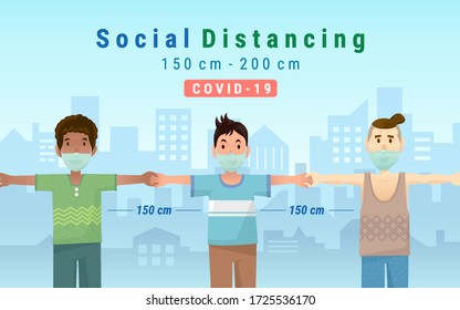 Social distancing, keep distance in public society people to protect from COVID-19 coronavirus outbreak spreading concept, Space for safety and people should be 1.5 meter apart. Vector illustration.