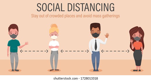 Social distancing, keep distance in public society, protect yourself and people from COVID-19 coronavirus outbreak spreading concept, black white women and men in masks. Vector flat illustration