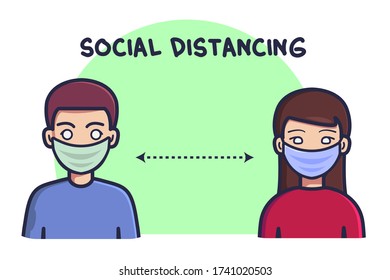 Social distancing, keep distance in public society people to protect from COVID-19, men and women keep their distance. Flat cartoon style vector illustration.