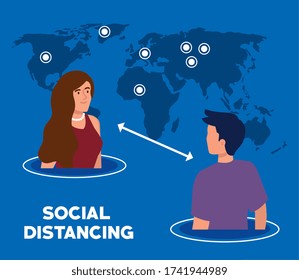 distanciamiento social, mantener la distancia en la sociedad pública a la protección de la gente de covid 19, pareja joven con diseño de ilustración de vector de mapas del mundo