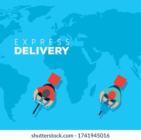 social distancing, keep distance in public society to people protect from covid 19, view aerial of delivery courier vector illustration design