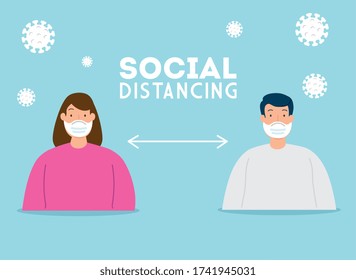 social distancing, keep distance in public society to people protect from covid 19, couple using face mask vector illustration design