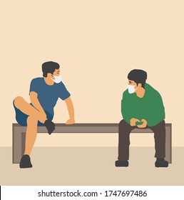 Social distancing, keep distance in public society people to protect from COVID-19 coronavirus outbreak spreading concept, two men keep distance away in the meeting.