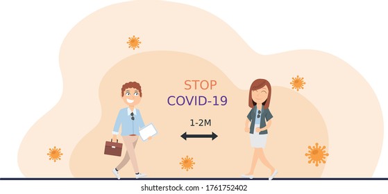 Social distancing, keep distance in public people to protect from COVID-19 outbreak spreading concept, businessman and woman keep distance away in the meeting with virus pathogens