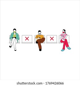 Soziale Distanzierung, Distanz im öffentlichen Bereich zu halten, um zu verhindern, dass COVID-19 neuartige Korona-Virus-Ausbruch-Konzept. Illustration zum öffentlichen Wartezimmer