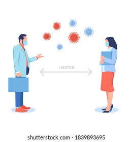 social distancing, keep distance in public society to protect from COVID-19 virus. Man and woman keep a distance. flat design style