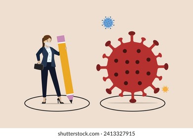 Social distancing, keep distance in public society people to protect from COVID-19 coronavirus outbreak spreading concept, woman keep distance away by drawing circle with virus pathogens