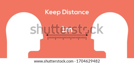 Social distancing, keep distance in public society people to protect from COVID-19 coronavirus outbreak spreading concept two humans head silhouettes with one meter ruler between. Vector illustration
