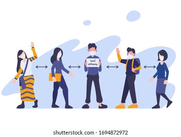 Social distancing, keep physical distancing in public, people practice a distance to protect from COVID-19 coronavirus outbreak spreading concept, avoid contact. Flat digital vector illustration.