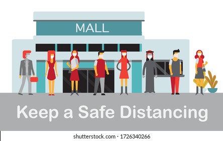 Social Distancing Keep a safe Distance, People Figures in front of a mall. 