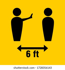 Social Distancing Keep a Safe Distance of 6 Feet Black and Yellow Instruction Icon. Vector Image.