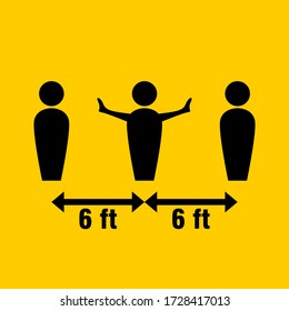 Social Distancing Keep A Safe Distance Of 6 Ft Or 6 Feet Black And Yellow Instruction Icon. Vector Image.