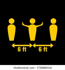 Social Distancing Keep a Safe Distance of 6 Feet or 6 ft Black and Yellow Instruction Icon. Vector Image.