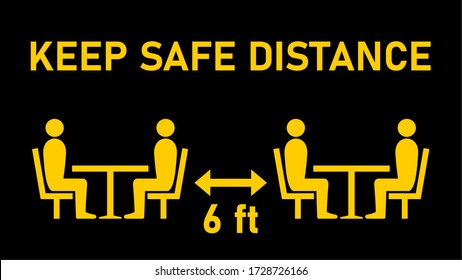Social Distancing Keep a Safe Distance 6 ft or 6 Feet between the Tables in Cafe or Restaurant Icon with an Aspect Ratio of 16:9. Vector Image.