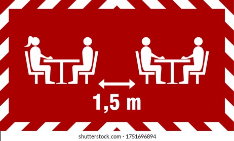 Distancia social Mantener una distancia segura de 1,5 m o 1,5 m entre las mesas de la cafetería o del restaurante Stripes Frame Icon. Imagen vectorial.