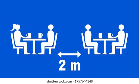 Distancia social Mantener una distancia segura de 2 m o 2 m entre las mesas del Café o del Icono del Restaurante. Imagen vectorial.