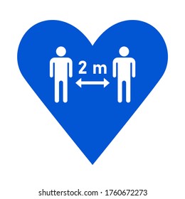 Social Distancing Keep A Safe Distance Of 2 M Or 2 Metres Icon In A Heart. Vector Image.