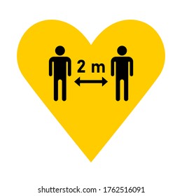 Social Distancing Keep A Safe Distance Of 2 M Or 2 Metres Icon In A Heart. Vector Image.