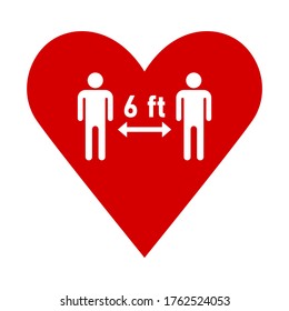 Social Distancing Keep A Safe Distance Of 6 Ft Or 6 Feet Icon In A Heart. Vector Image.