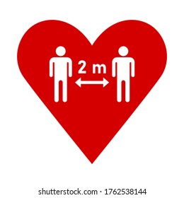 Social Distancing Keep A Safe Distance Of 2 M Or 2 Metres Icon In A Heart. Vector Image.