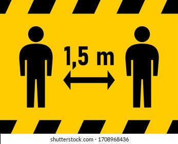 Social Distancing Keep Your Distance 1,5 m Warning Black & Yellow Stripe Icon. Vector Image.