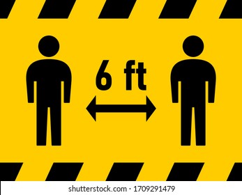 Social Distancing Keep Your Distance 6 ft Warning Black & Yellow Stripe Icon. Vector Image.