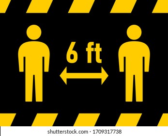 Social Distancing Keep Your Distance 6 Ft Warning Black & Yellow Stripe Icon. Vector Image.