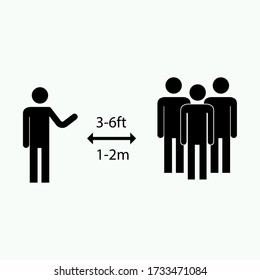 Social Distancing Keep Your Distance from crowd 3-6ft Feet and 1-2m meter Icon.Flat vector image eps10. Man to man. Covid virus safety prevention distance