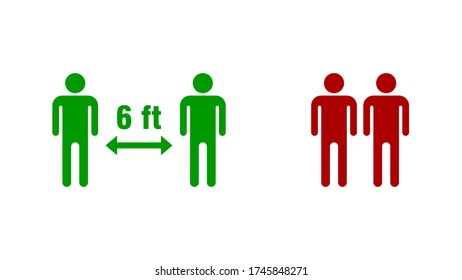 Social Distancing Keep Your Distance 6 ft or 6 Feet Right and Wrong Icon. Vector Image.
