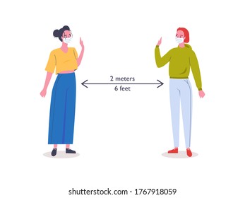 Social distancing, keep your distance 2 metres or 6 feet in public place. Characters wearing medical face mask. Protect from COVID-19 coronavirus outbreak spreading concept. Flat vector illustration