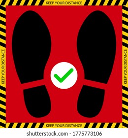 Social distancing Keep Your Distance Sticker, footprint sign red color, COVID-19 Coronavirus, New Normal for Lift, Elevator, caution sign. Vector image 